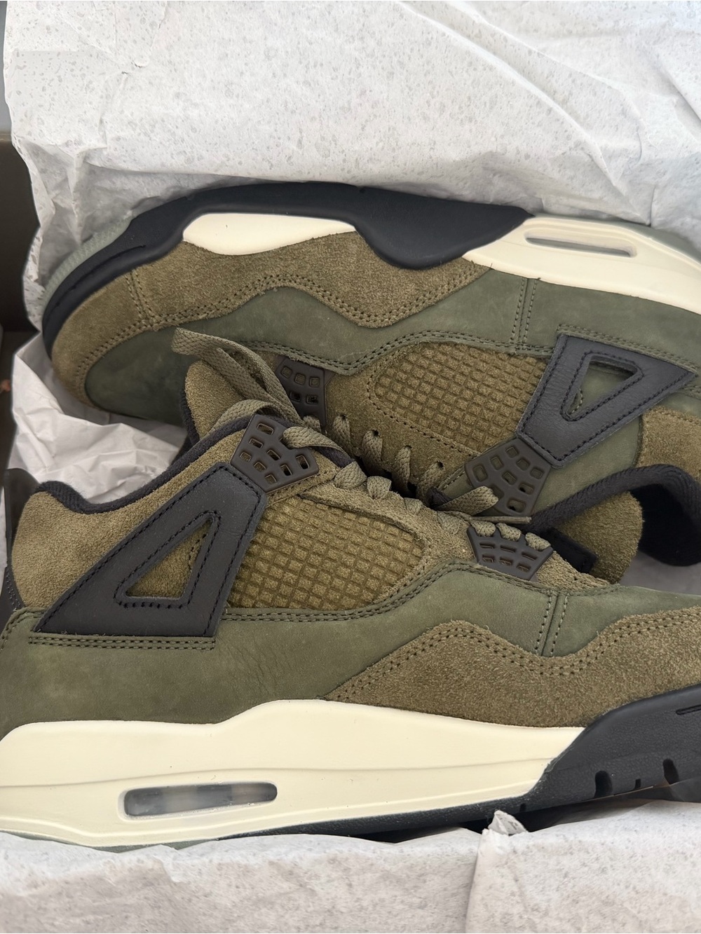 Air Jordan 4 - Olive Green Suede & Black Accent Sneakers